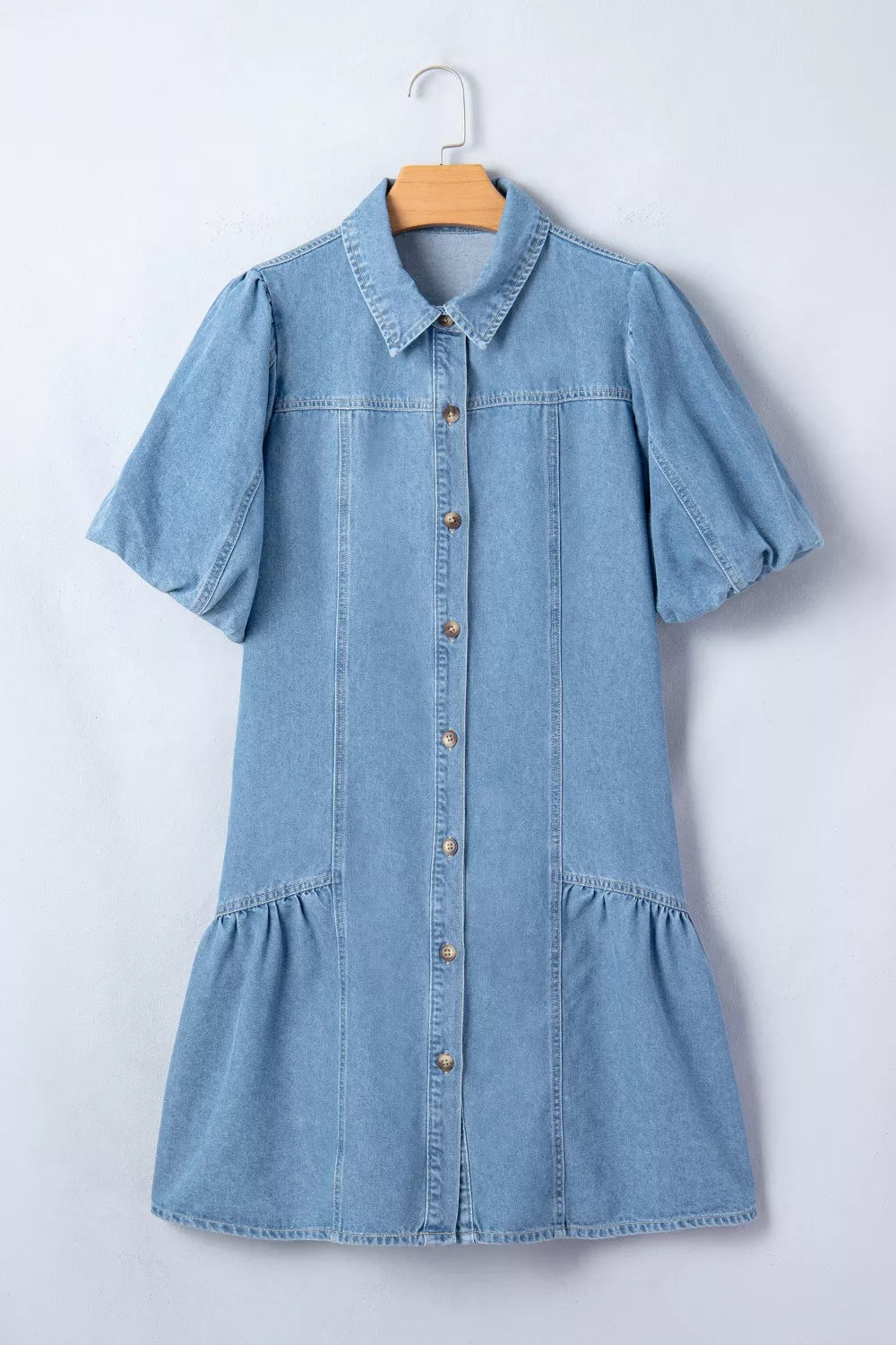 Button Down Short Puff Sleeve Ruffle Hem Denim Dress