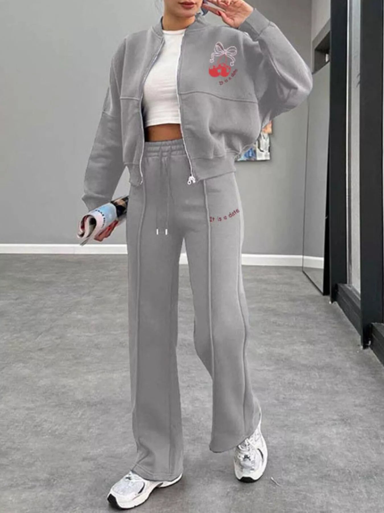 Zip Up Dropped Shoulder Outerwear and Pants Set
