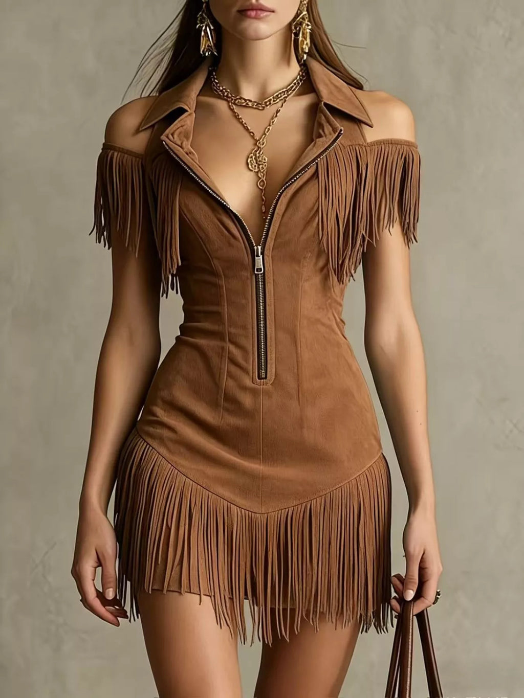 Fringed Cold Shoulder Mini Dress