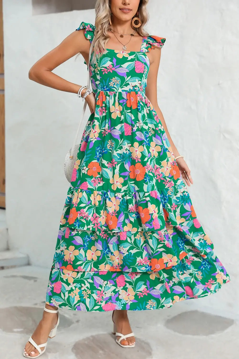 Pretty Little Patriot Pretty Little Patriot Floral Ruffle Green Tiered Maxi Dress — Pretty Little Patriot branding close-up