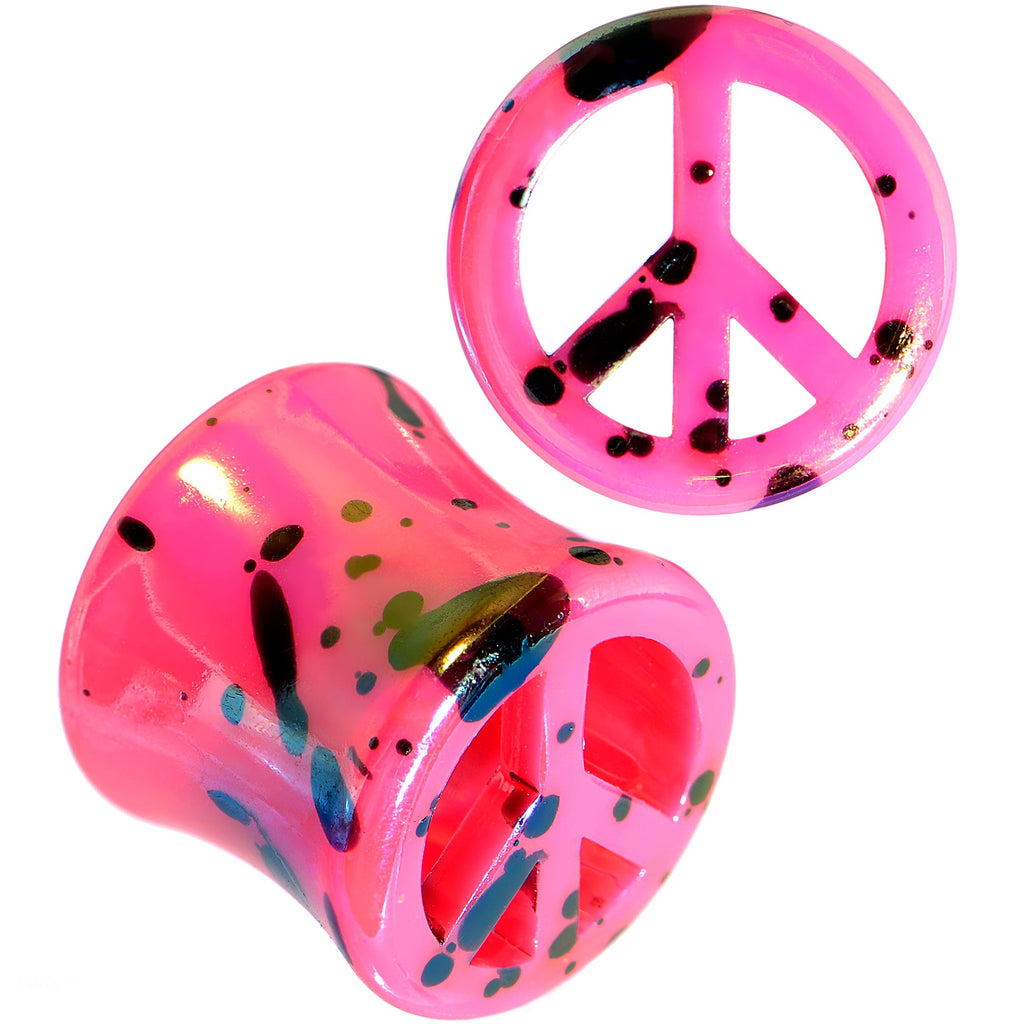 BodyCandy Black Speckled Pink Acrylic Peace Sign Saddle Plug Set 10mm to 20mm — side view