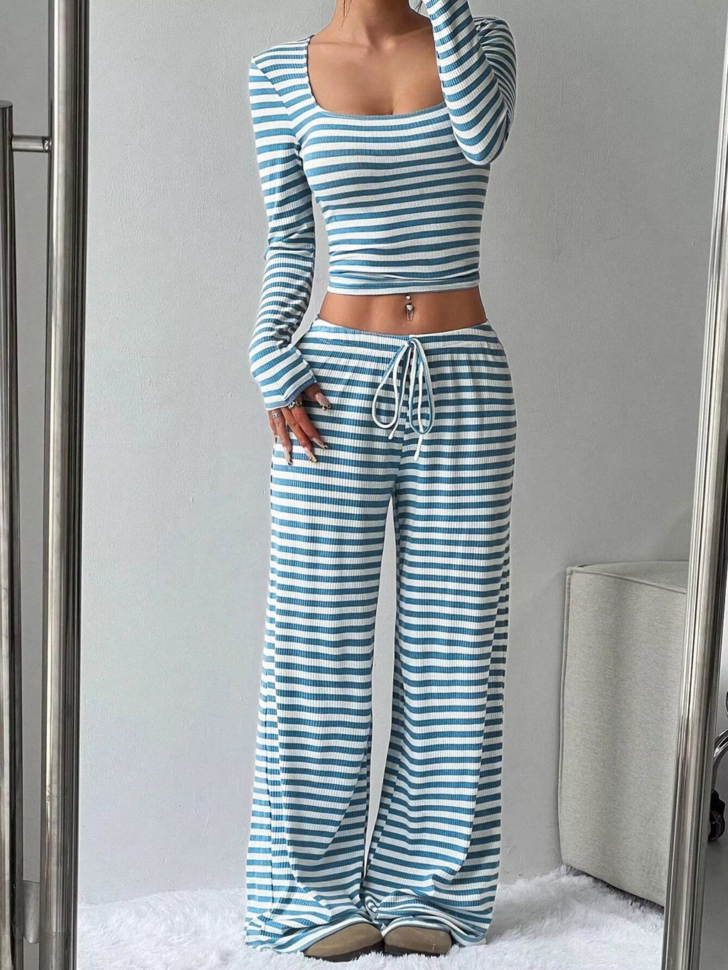 Striped Long Sleeve Crop Top & Wide Leg Pants Set