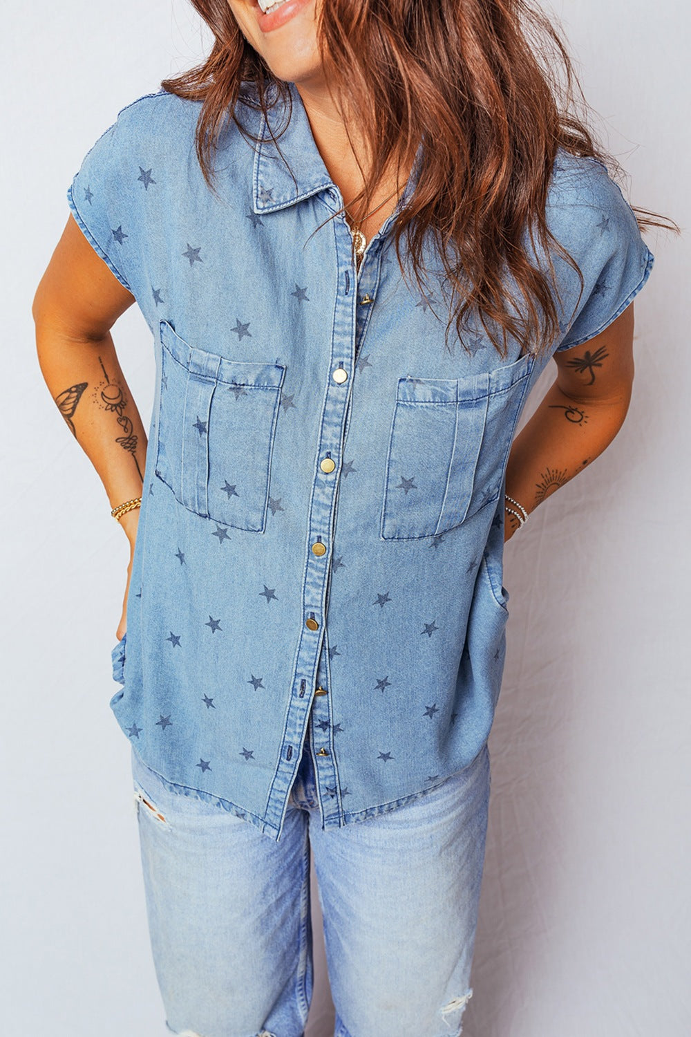 Double Chest Pocket Short Sleeve Denim Shirt