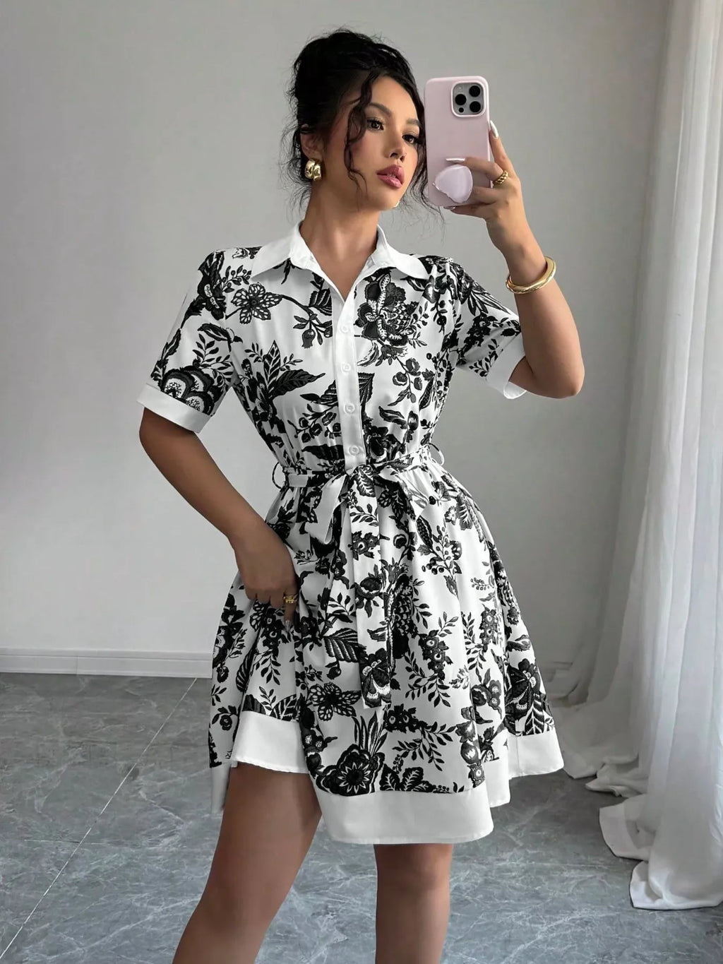 Printed Button Front Mini Dress