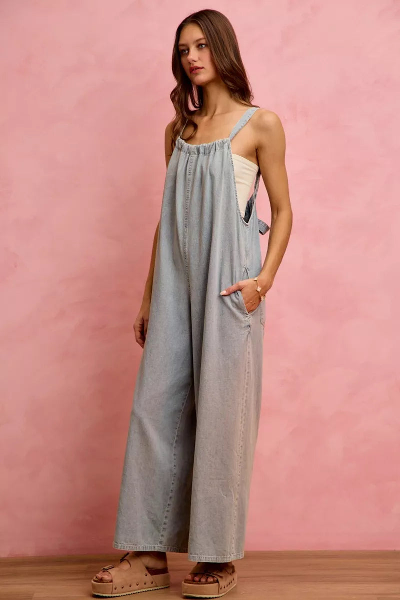 SO ME Wide Leg Lightweight Denim Overalls