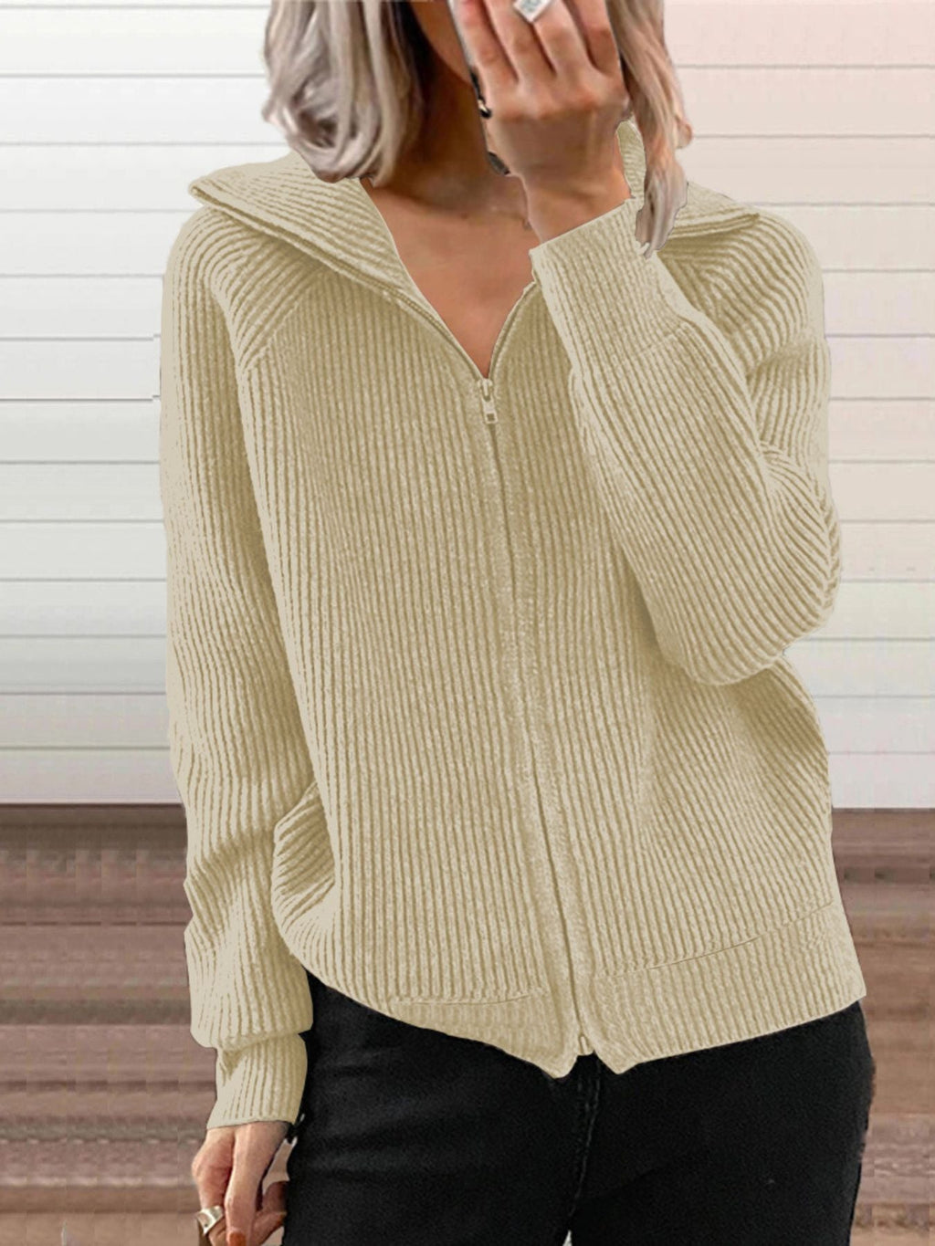 Full Size Ribbed Knit Zip-Up Outerwear Plus Size