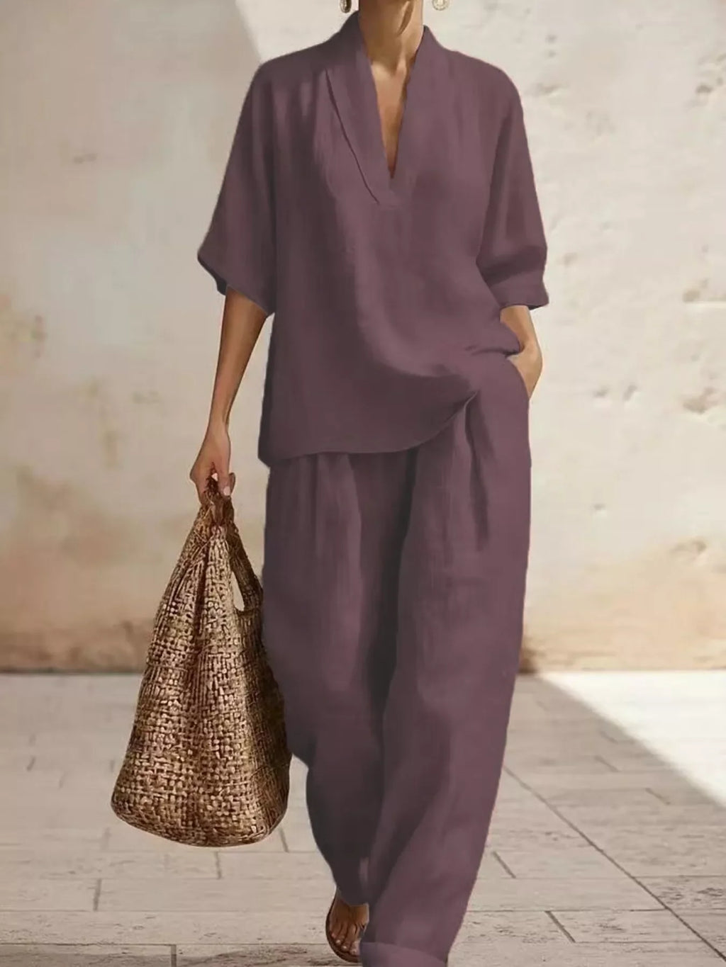 Full Size Half Sleeve Top and Wide Leg Pants Set Plus Size