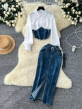 Frayed Denim Patchwork Top & Slit Maxi Skirt Denim Set