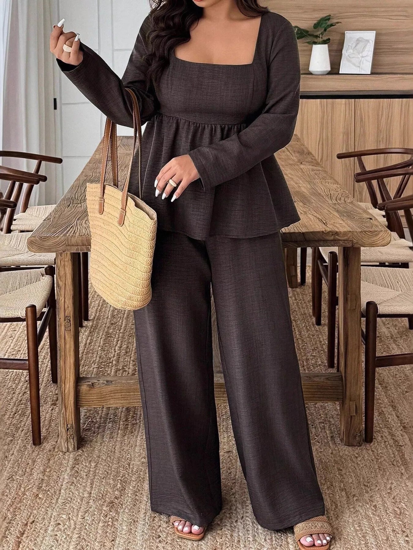 Plus Size Square Neck Long Sleeve Top and Pants Two-Piece Set