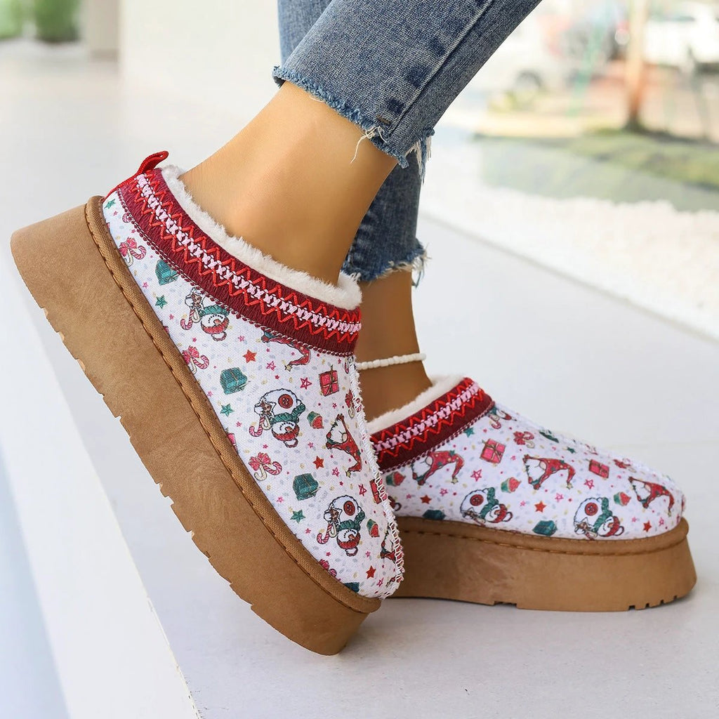 Mandotos Christmas Cartoon Print Plush Lined Slip On Navy Ankle Boots For Women Indoor Home Shoes