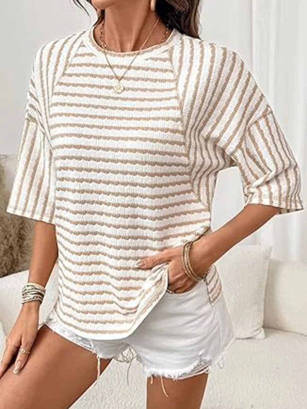 Striped Knit Round Neck T-Shirt