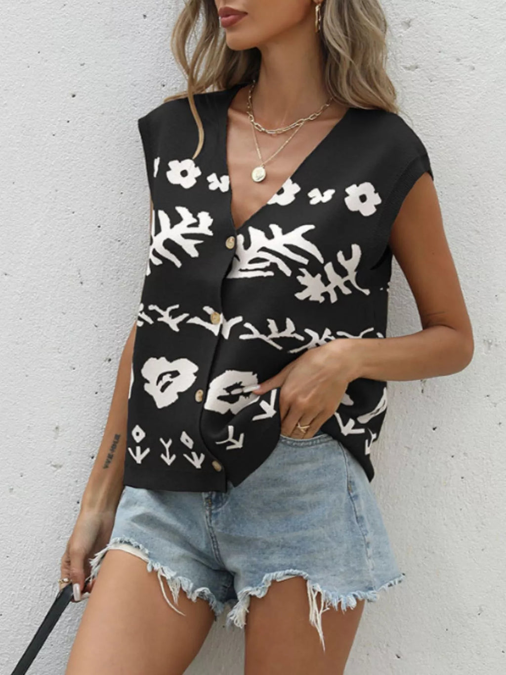 Floral V-Neck Cap Sleeve Cardigan
