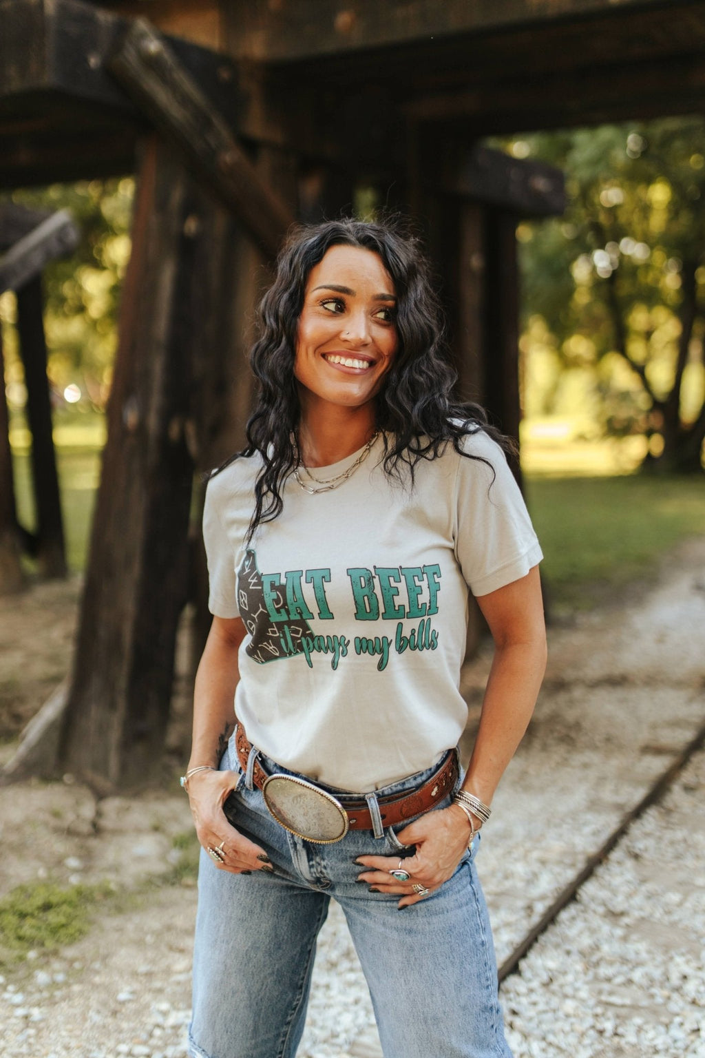 Wild Junkie Eat Beef It Pays My Bills Graphic Tee — side view