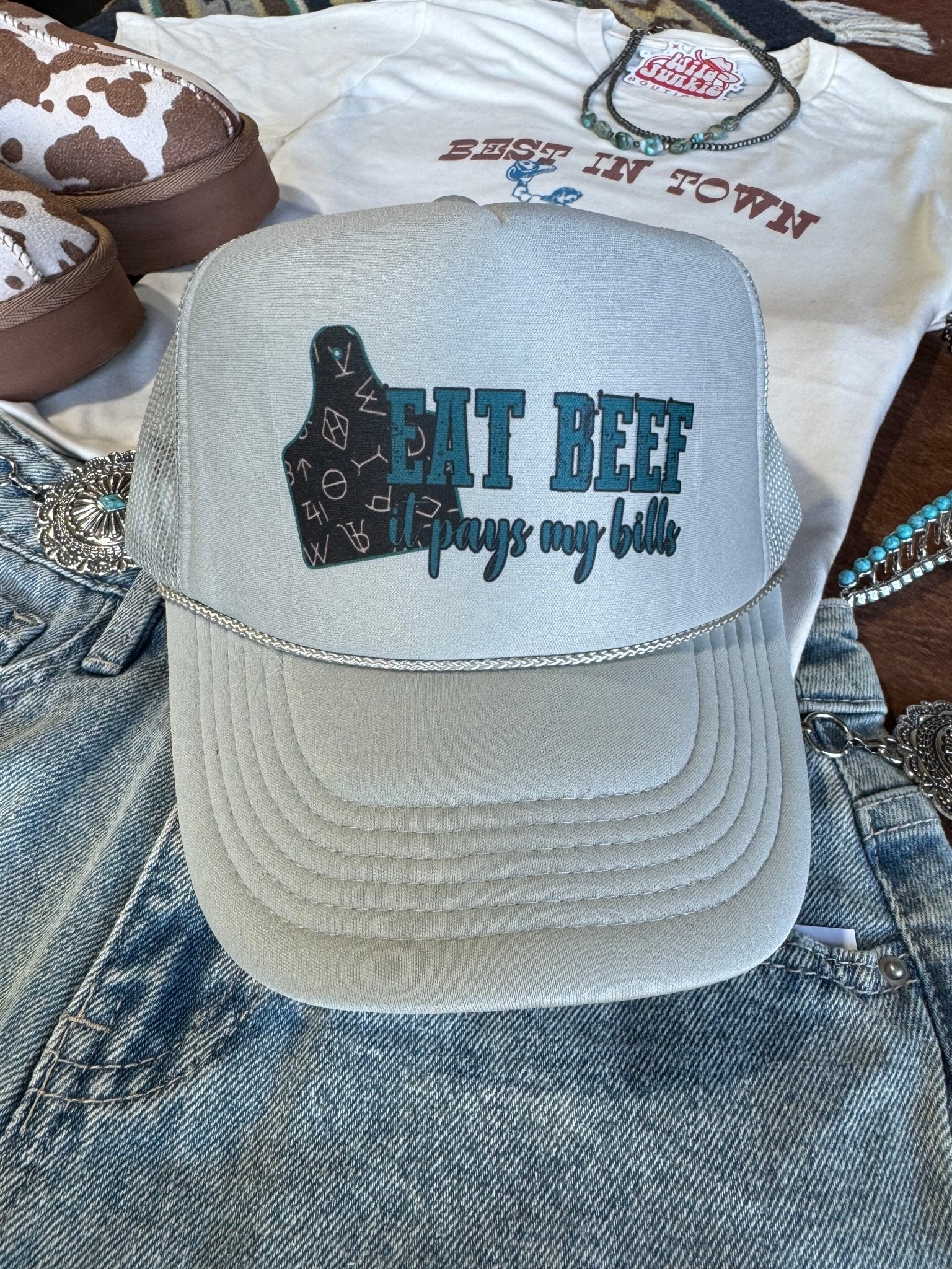 Wild Junkie Eat Beef It Pays My Bills Trucker Hat — side view