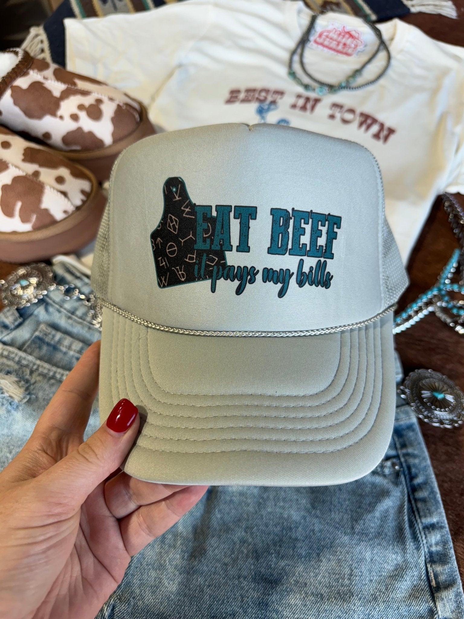 Wild Junkie Eat Beef It Pays My Bills Trucker Hat — main product shot