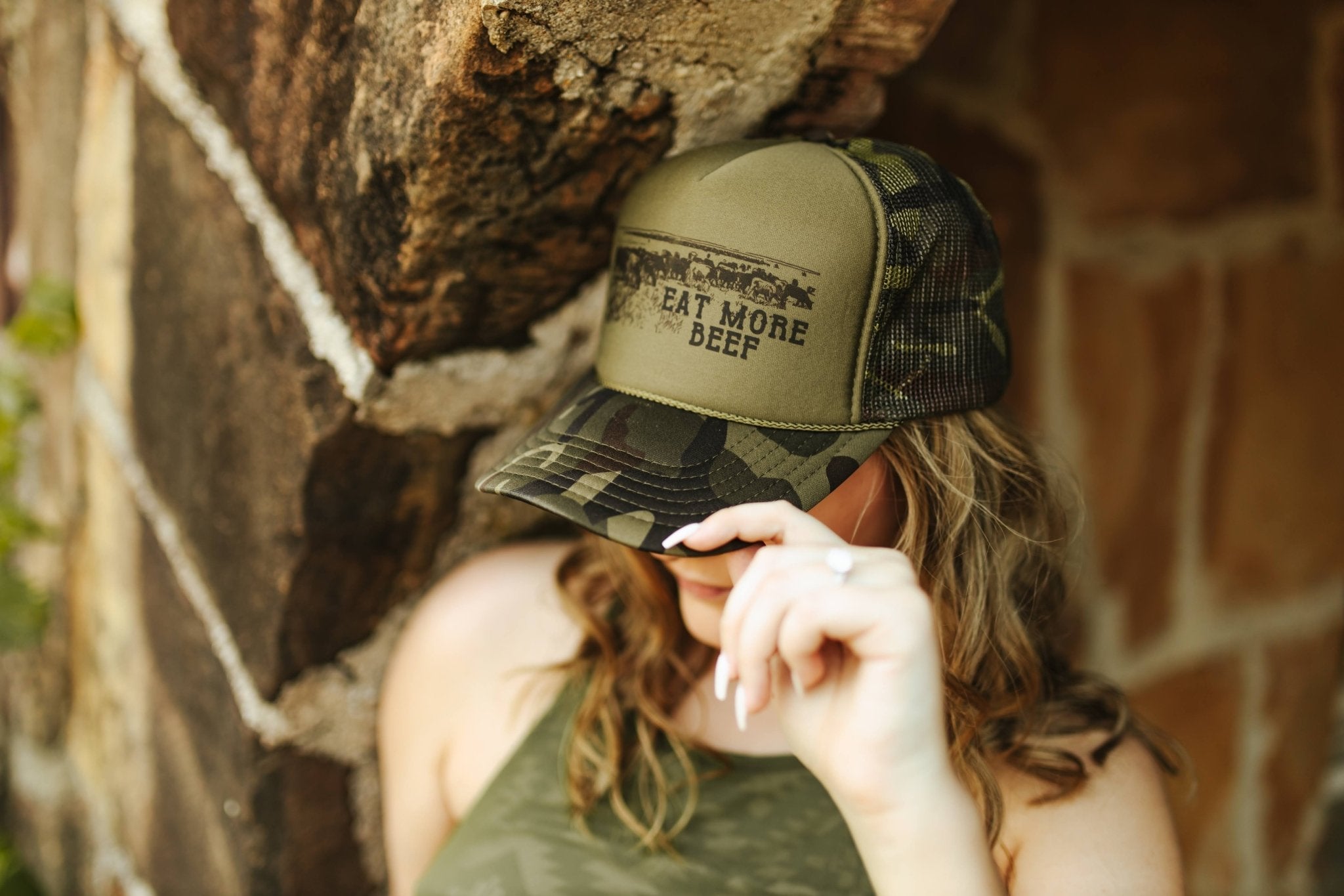 Wild Junkie Eat More Beef Trucker Hat — detail close-up