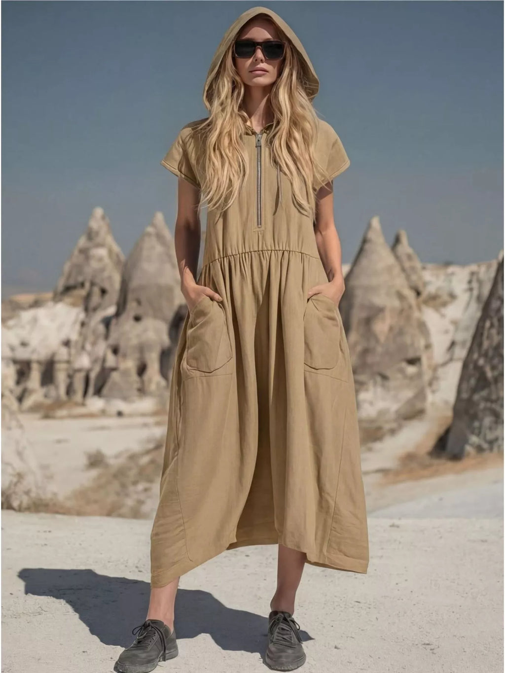 Full Size Hooded Midi Dress with Zipper and Pockets Plus Size