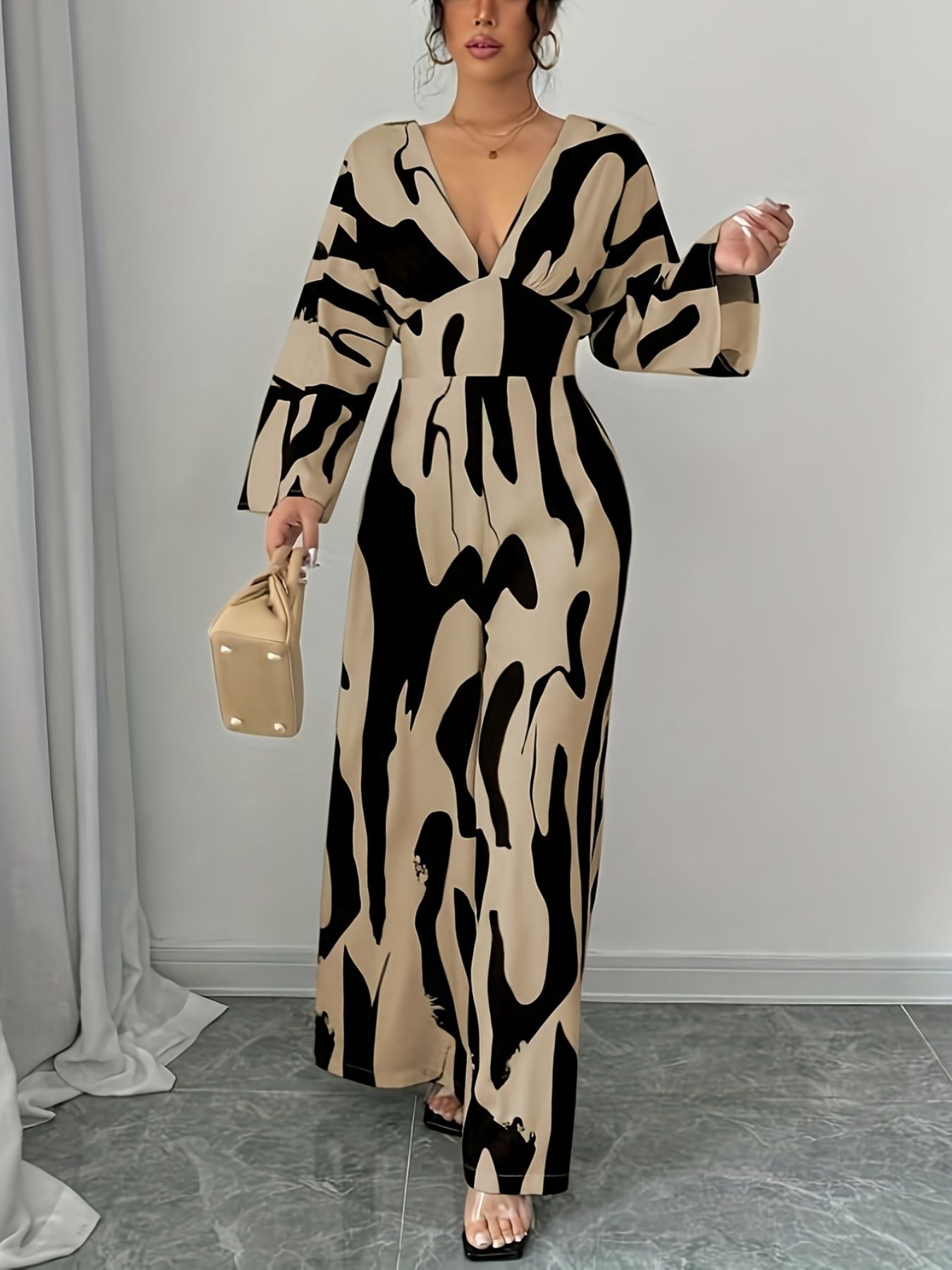 Abstract Print V-Neck Wide Leg Jumpsuit