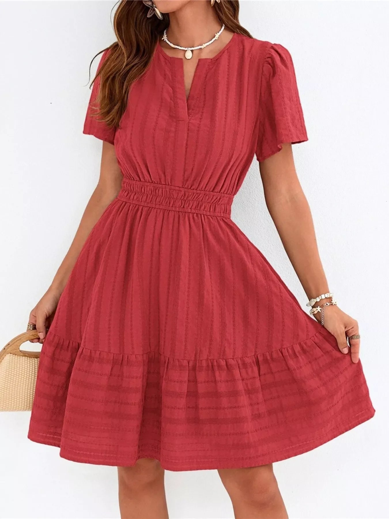 Short Sleeve Smocked Waist Tiered Dress