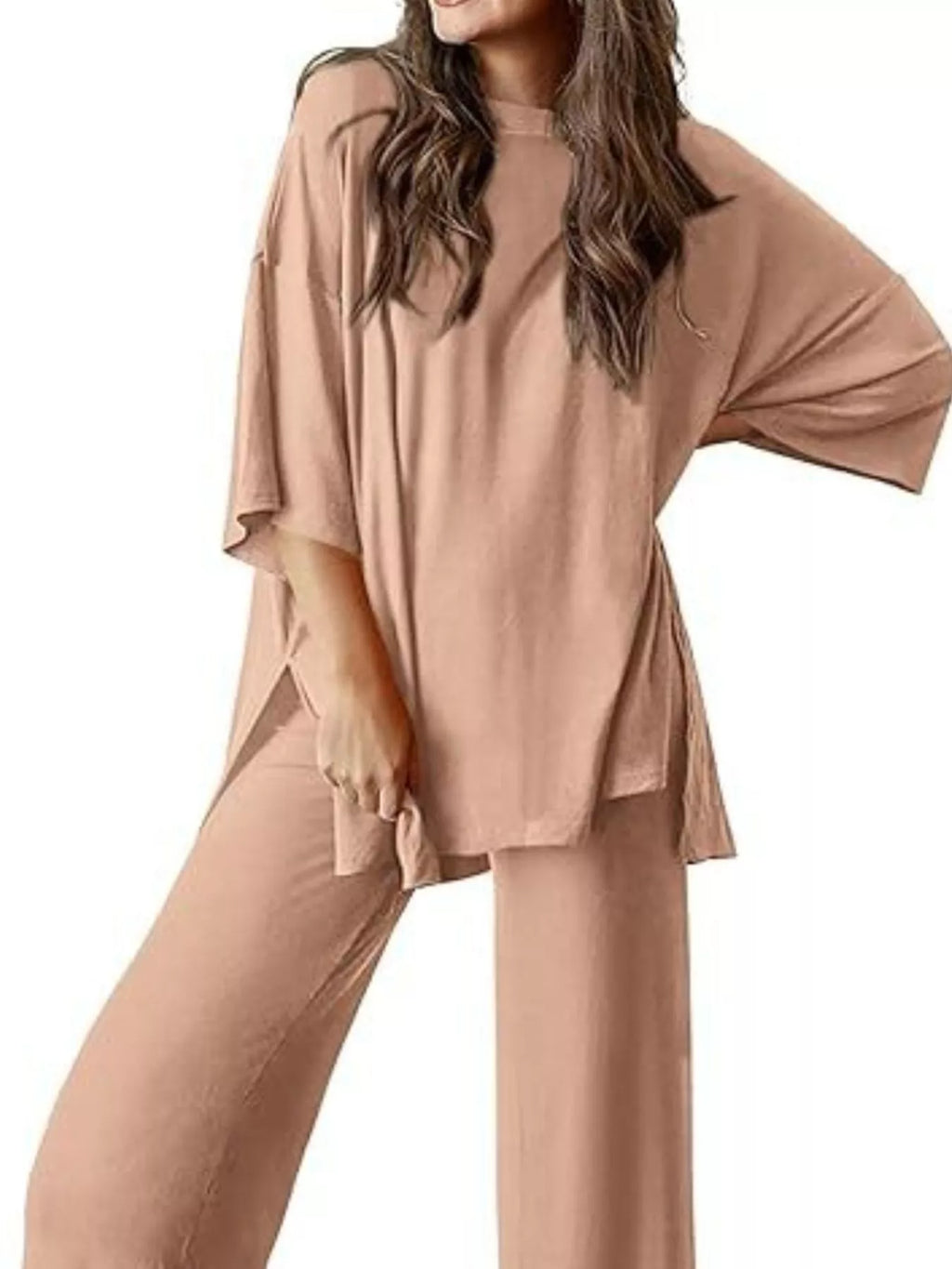 Slit Round Neck Top and Pants Set