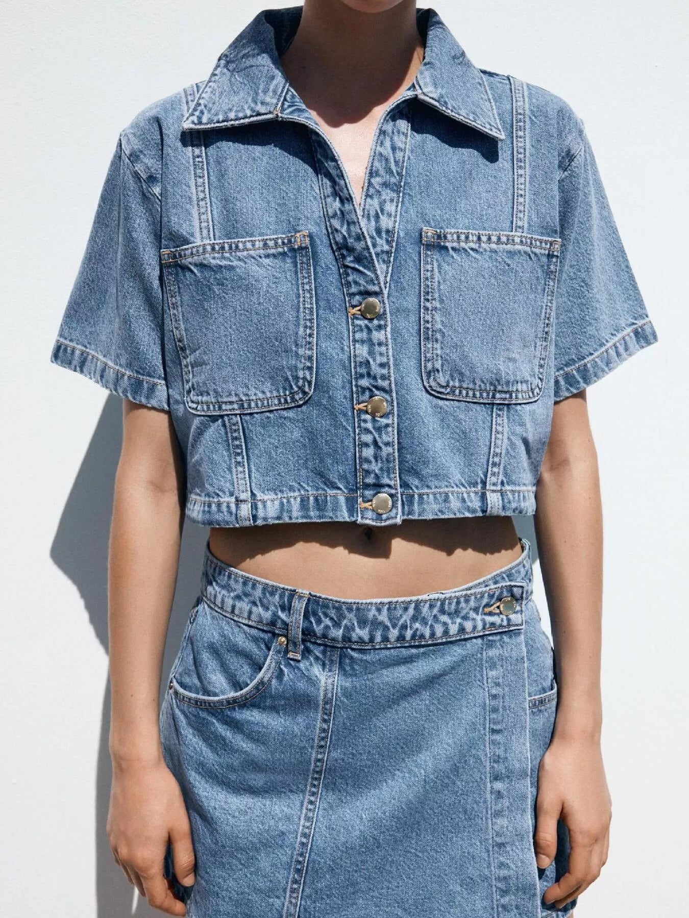 Button Up Short Sleeve Top and Skort Denim Set