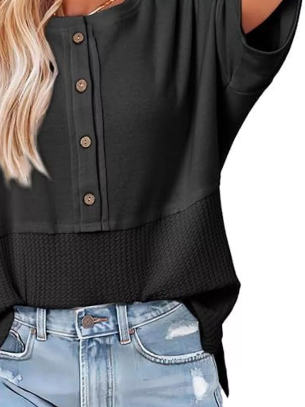 Button Detail Texture Knit T-Shirt