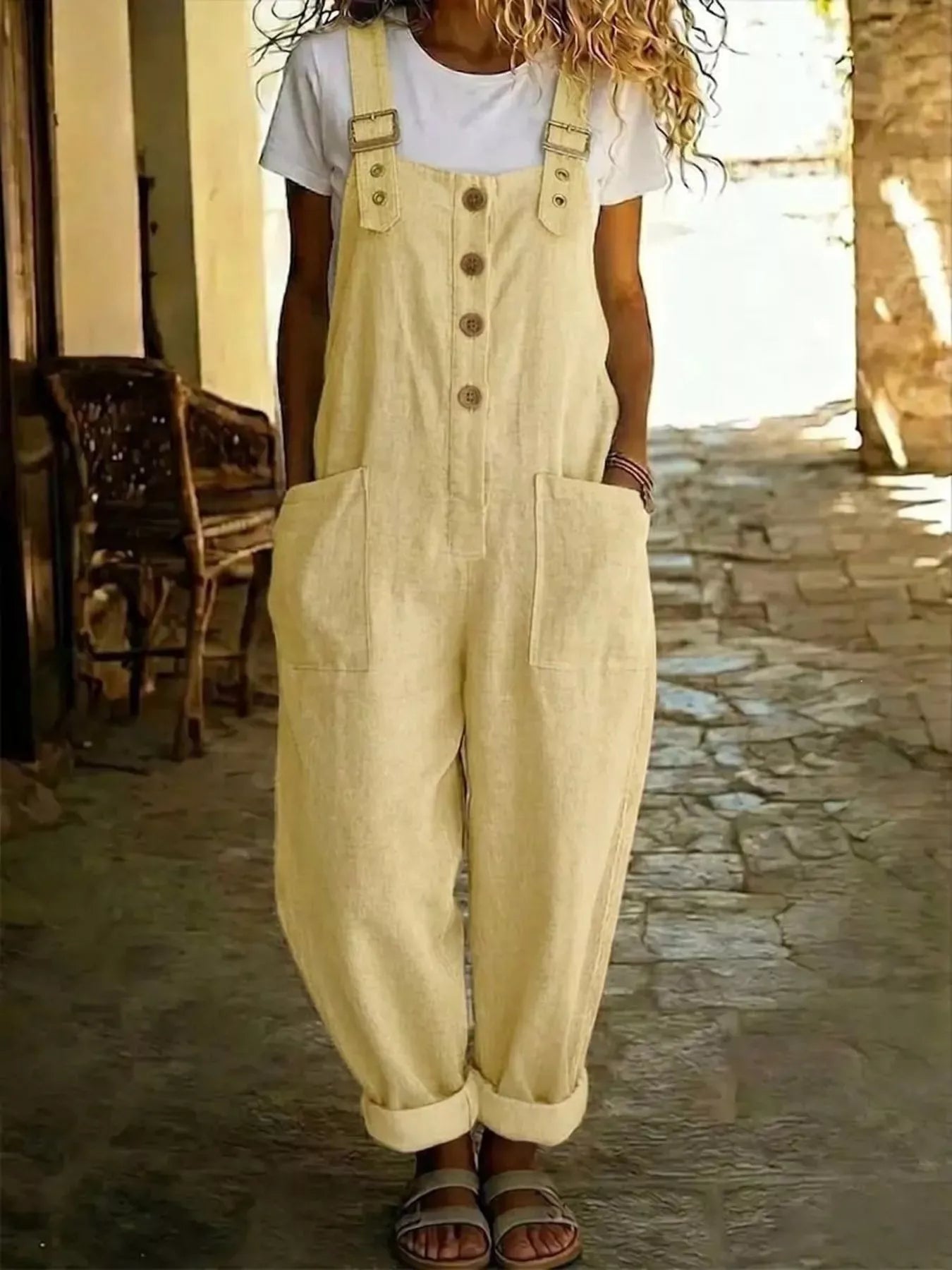Casual Button Front Wide Leg Overalls