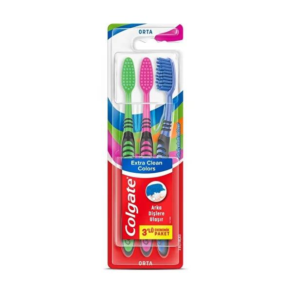 Colgate Extra Clean Colors Medium Manual Toothbrush 2+1 Pack - Gentle on Teeth & Gums, Everyday Oral Care