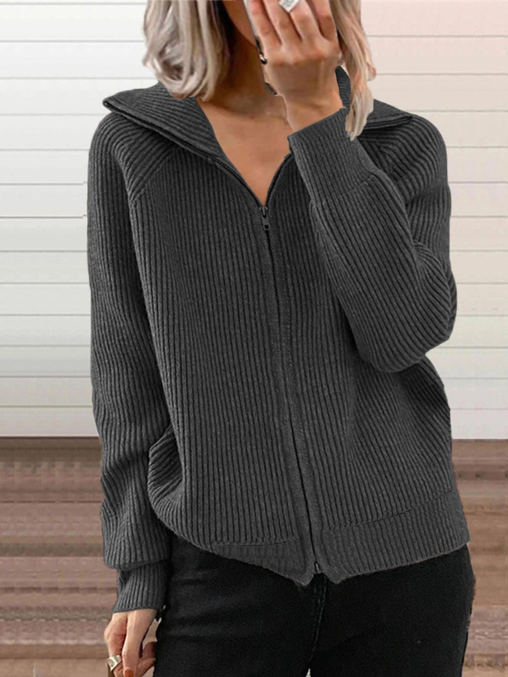 Full Size Ribbed Knit Zip-Up Outerwear Plus Size