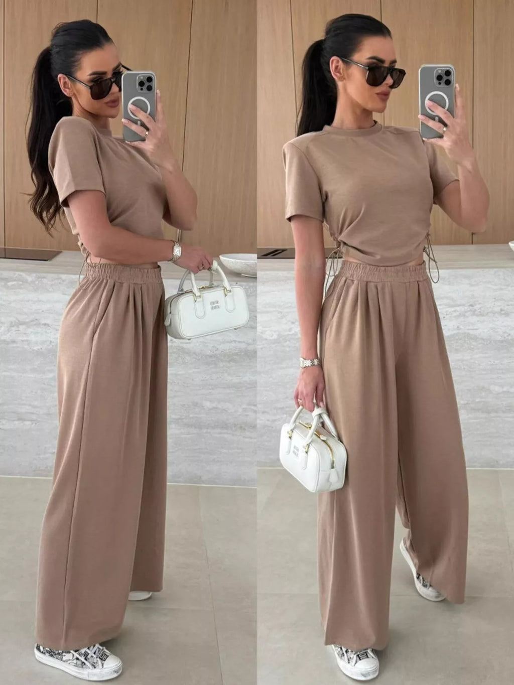 Drawstring Crop Top and Wide-Leg Pants Set