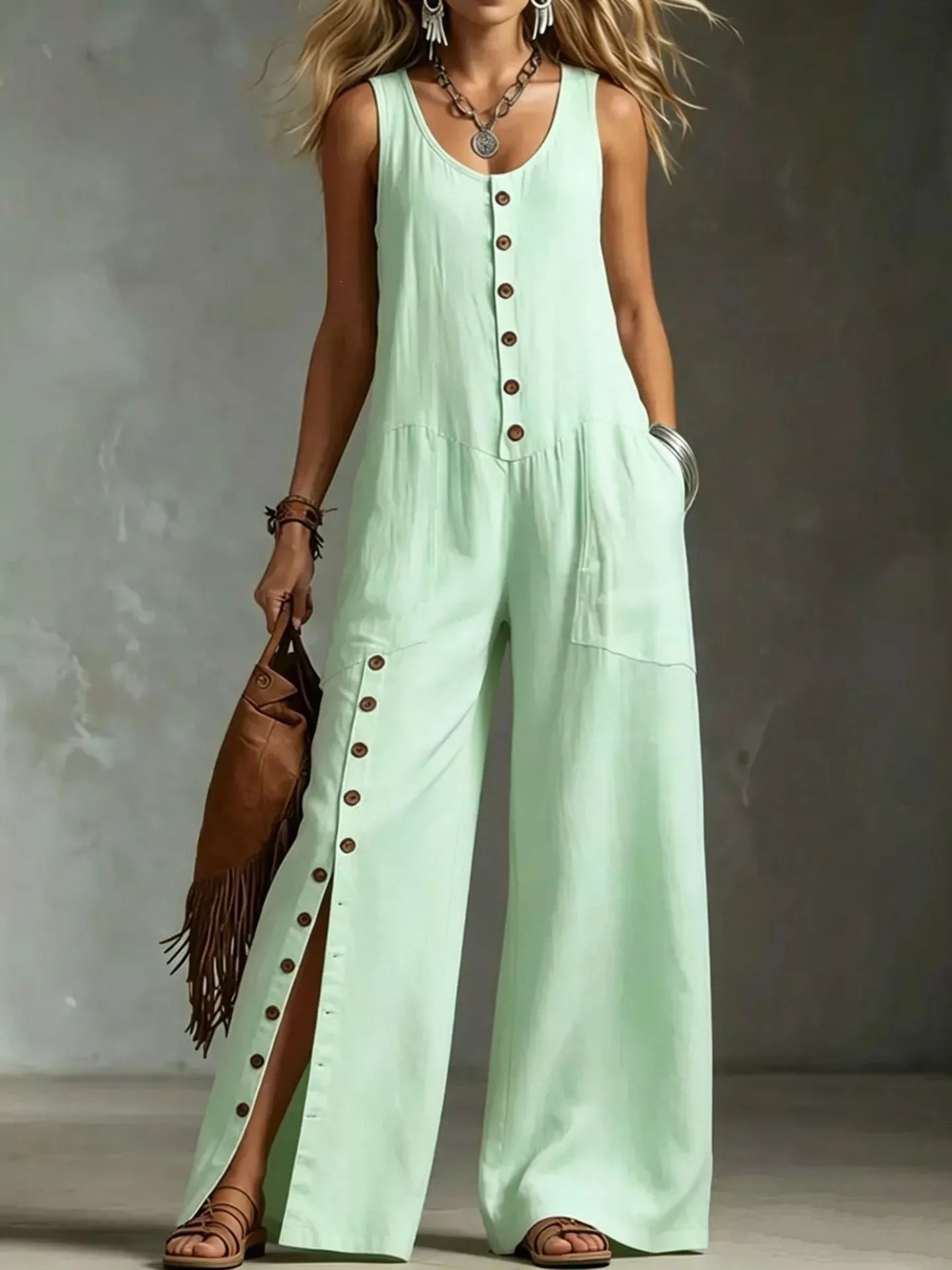 Full Size Sleeveless Button Front Wide Leg Jumpsuit Plus Size