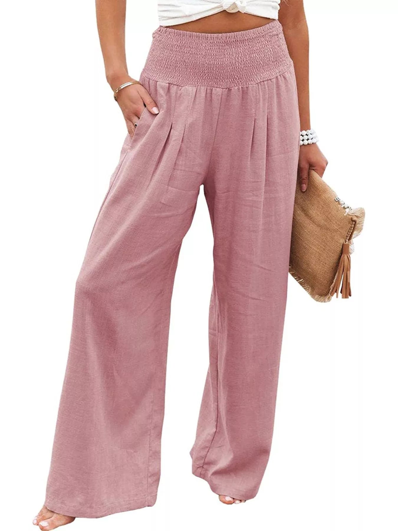 Smocked High Waisted Wide Leg Pants