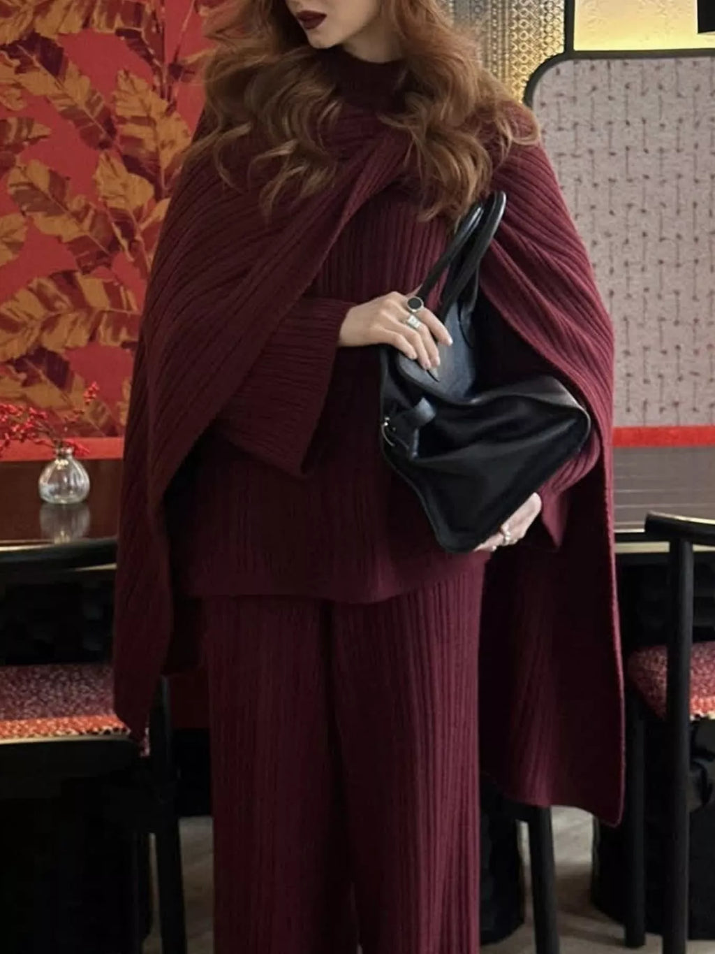 3-Piece Crew Neck Ribbed Sweater and Wide-Leg Pants Set with Scarf