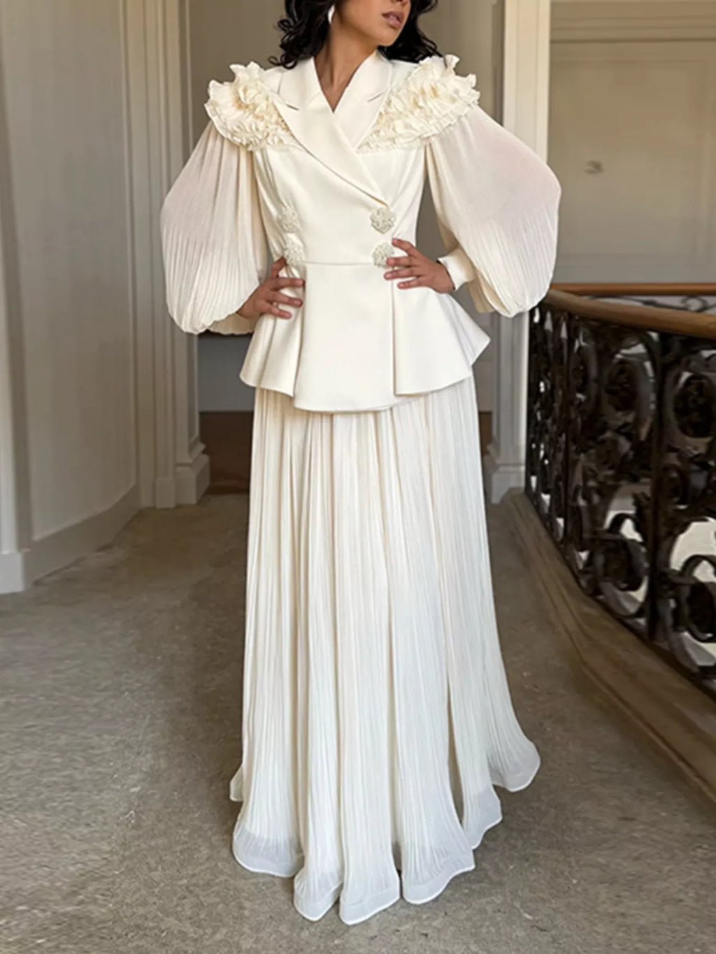 Frill Lapel Collar Top and Pleated Skirt Set