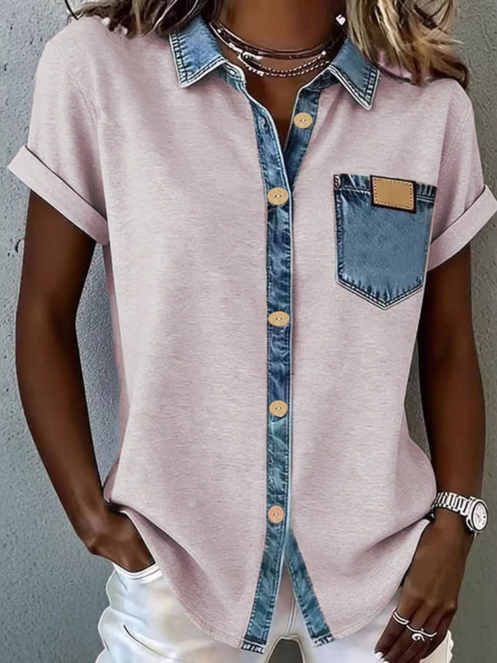 Denim Trim Short Sleeve Shirt