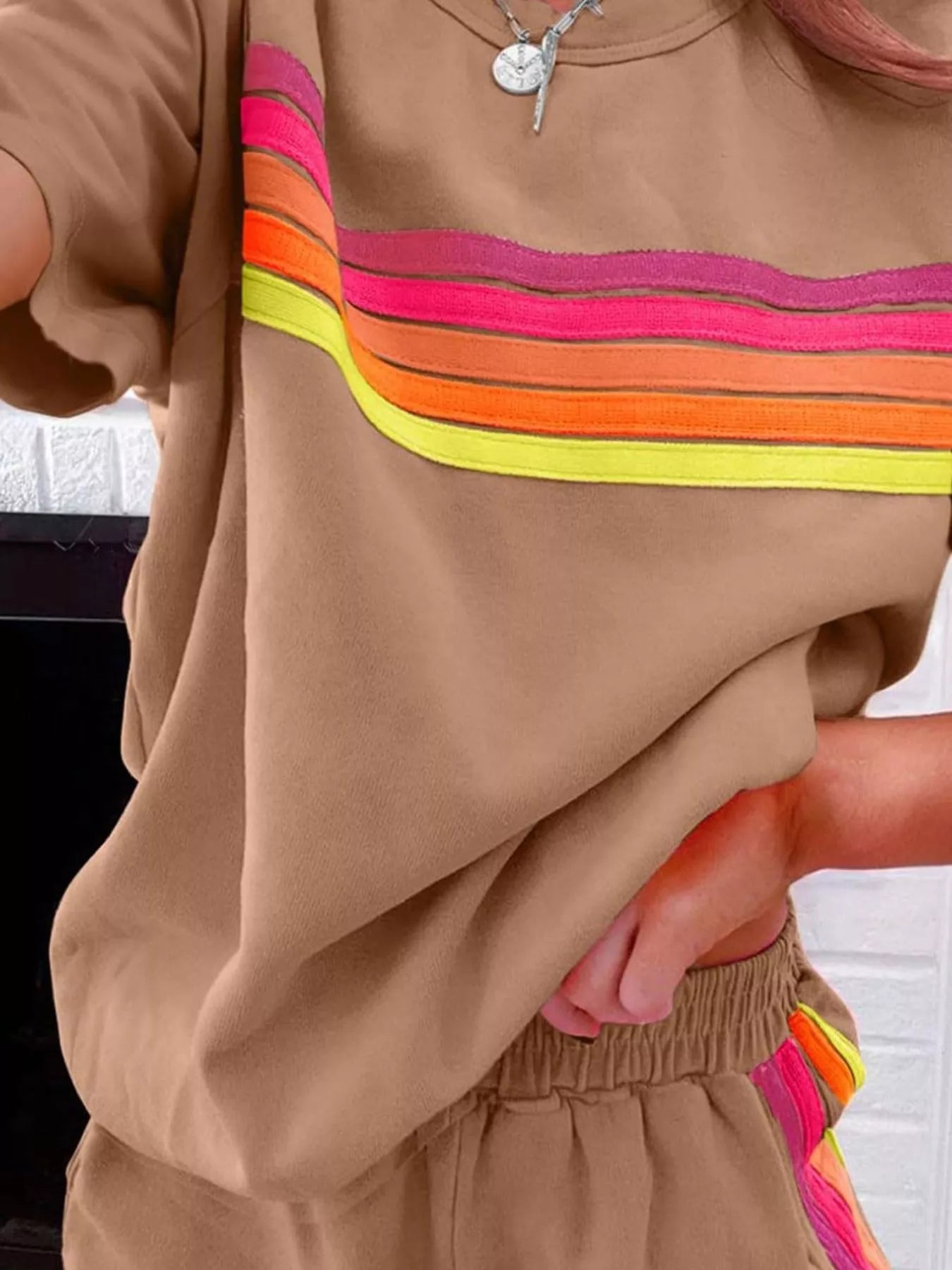 Rainbow Striped Round Neck Top and Shorts Set