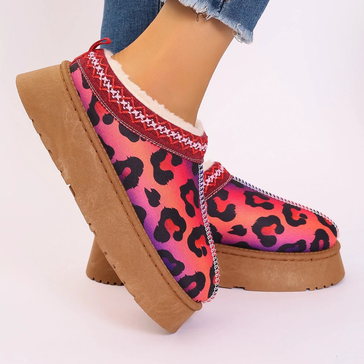 Mandotos Christmas Cartoon Print Plush Lined Slip On Navy Ankle Boots For Women Indoor Home Shoes
