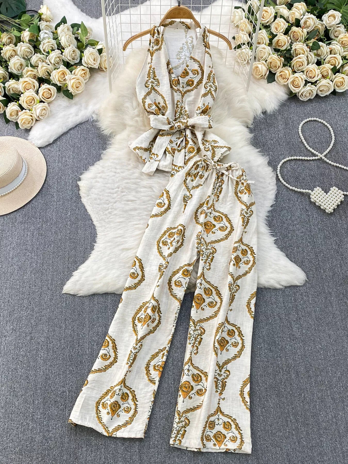 Printed Sleeveless Top and Wide Leg Pants Set