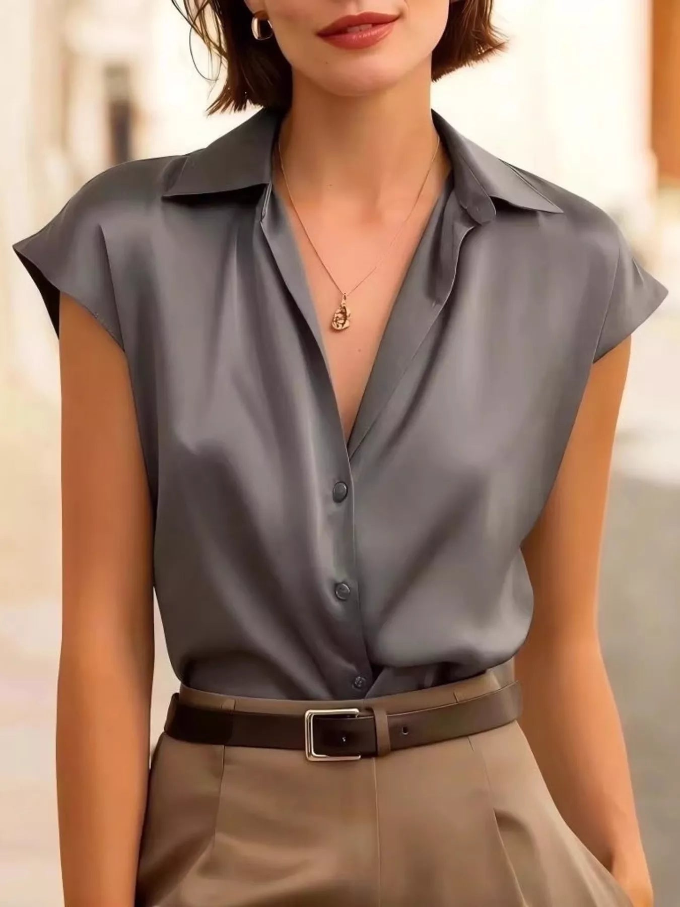 Full Size Button Up Cap Sleeve Shirt Plus Size