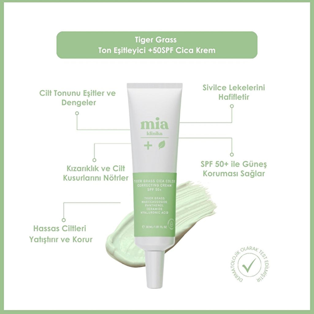 Mia Klinika Cica Cream SPF 50+ - Tiger Grass Tone Evening Cream for Sensitive Skin, Natural Coverage & Daily Sun Protection