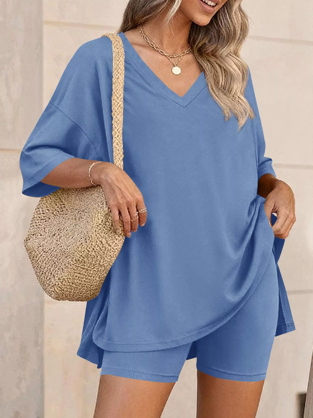 Full Size Casual Loose V-Neck T-Shirt & Shorts Set Plus Size