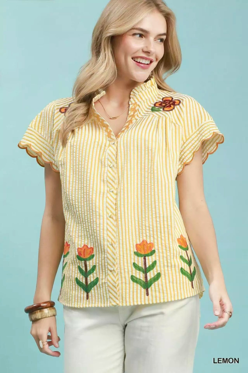 Umgee Embroidered Stripe Button Front Top