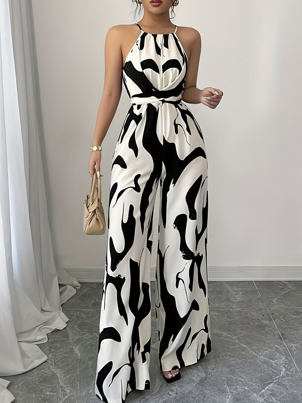 Abstract Print Sleeveless Wide Leg Jumpsuit