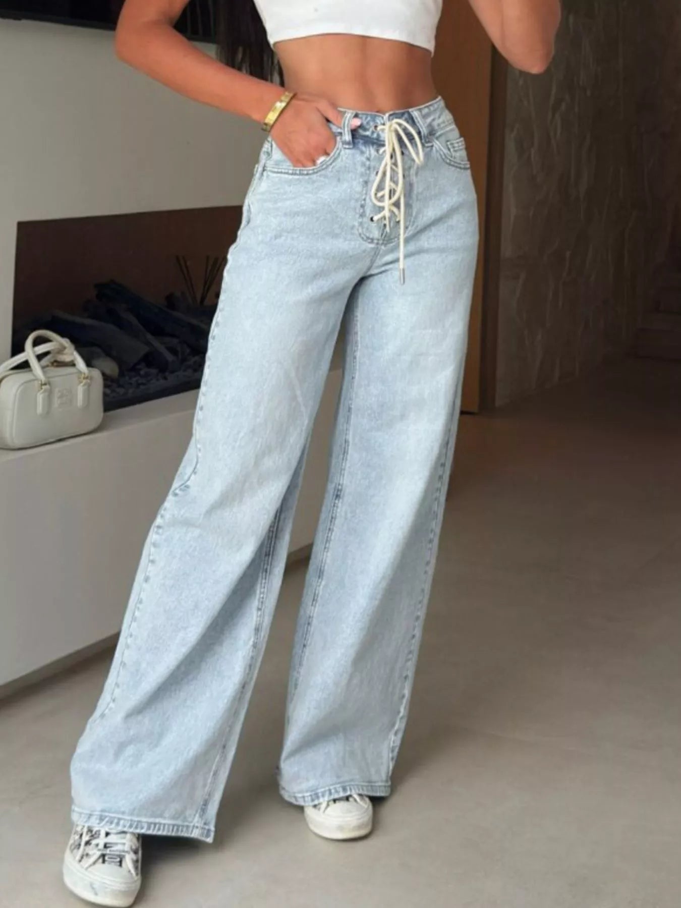 Lace-Up High-Waisted Wide Leg Jeans