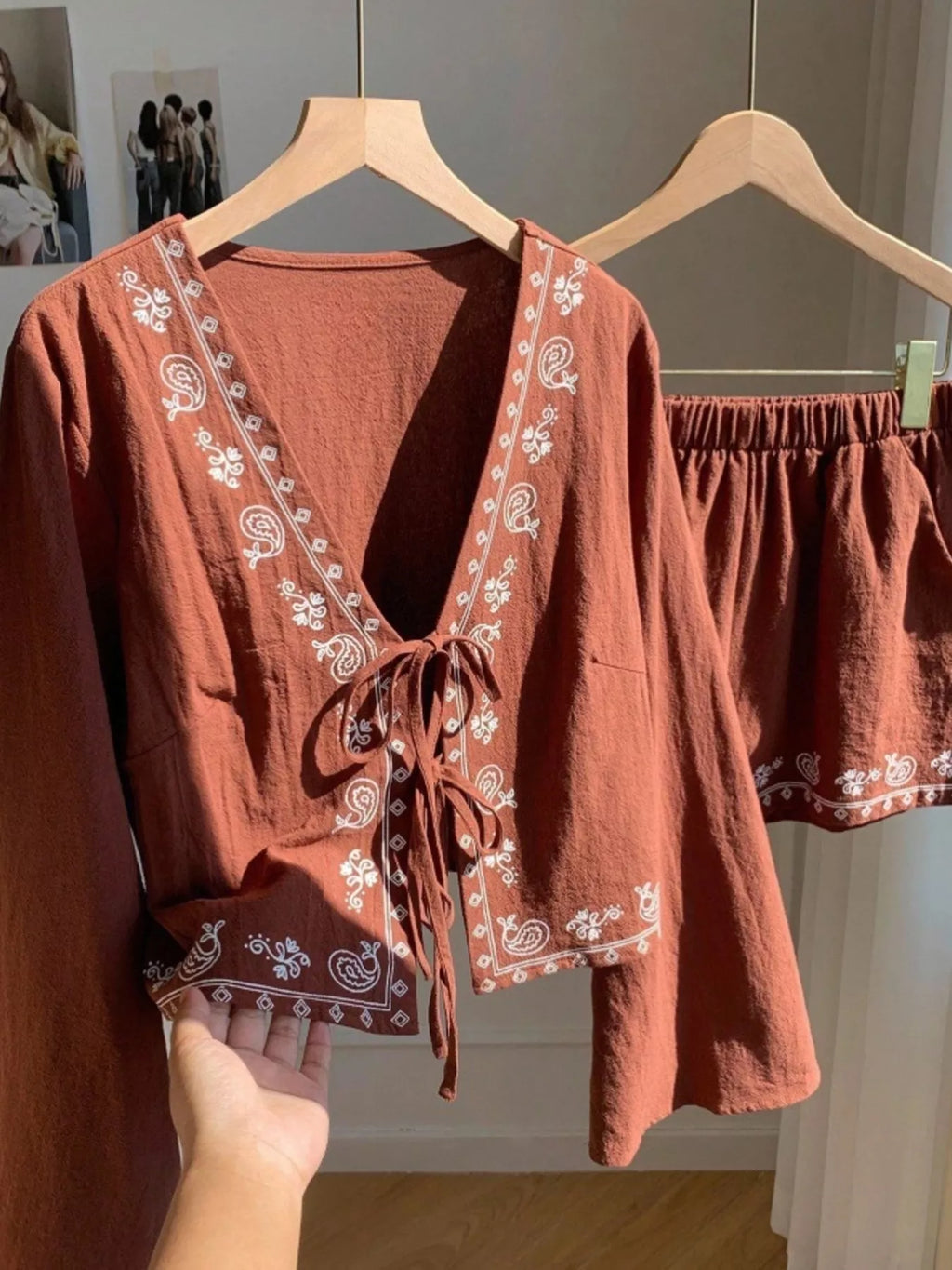 Embroidered Tie-Front Top & Shorts Set