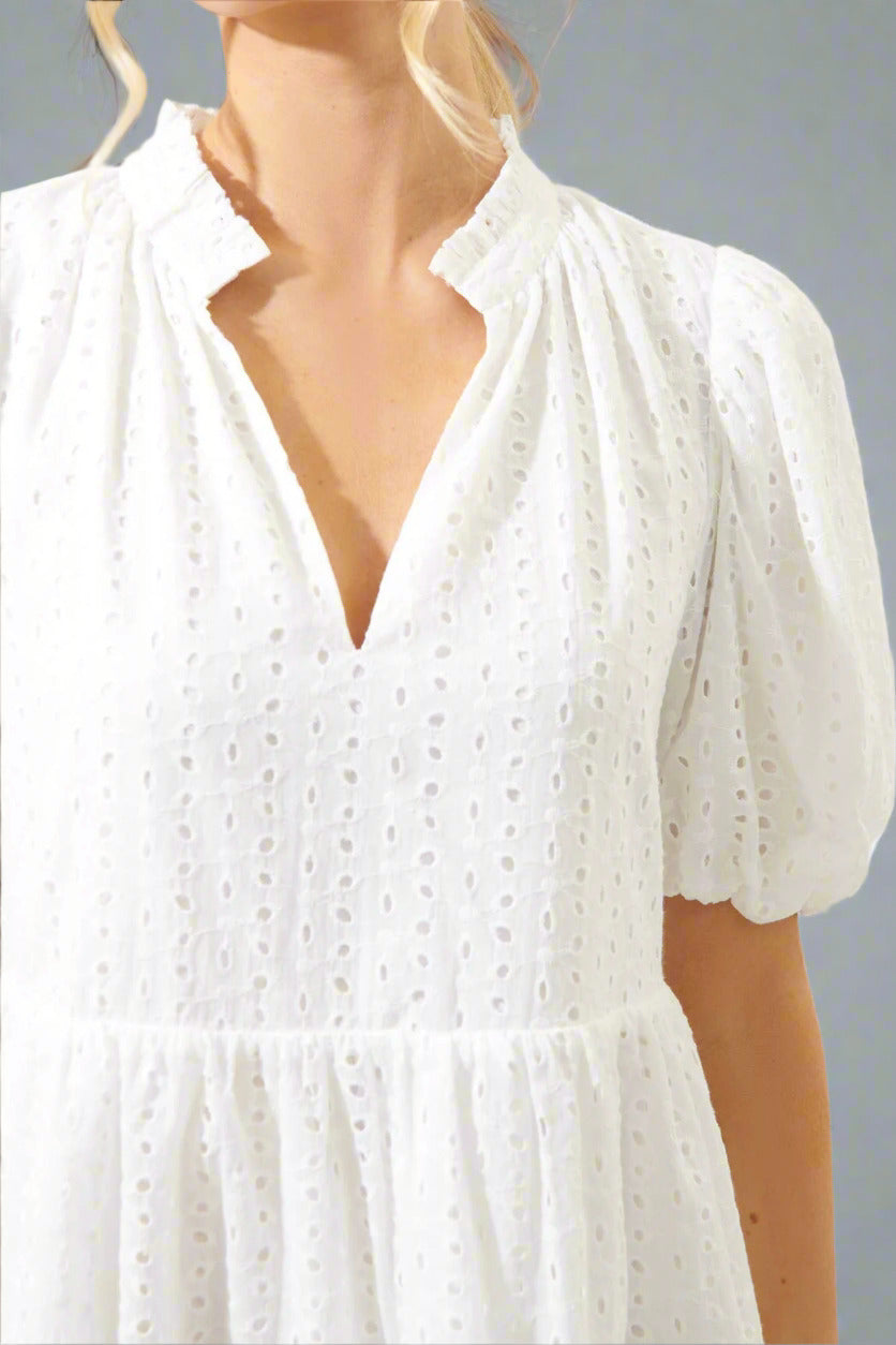 KADOU BOUTIQUE Jacey Babydoll Eyelet Mini Dress — lifestyle context