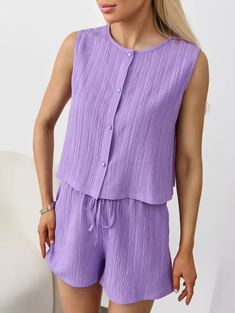 Textured Round Neck Tank and Shorts Set