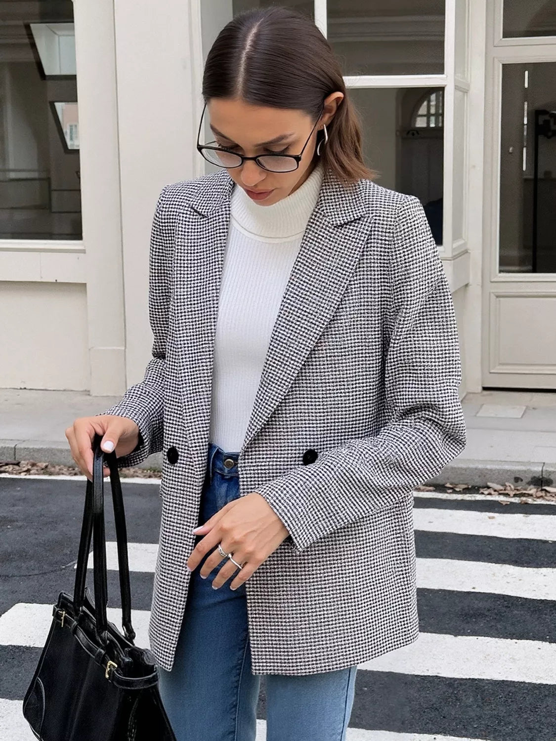 Houndstooth Patterned Double-Breasted Blazer