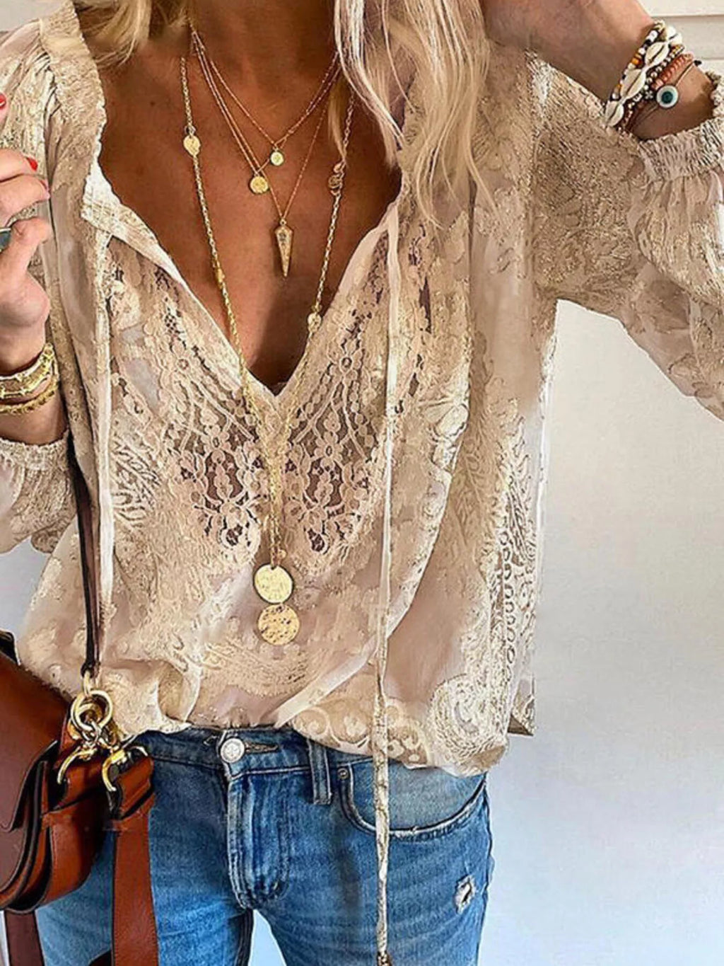 Lace Tie-Neck Blouse