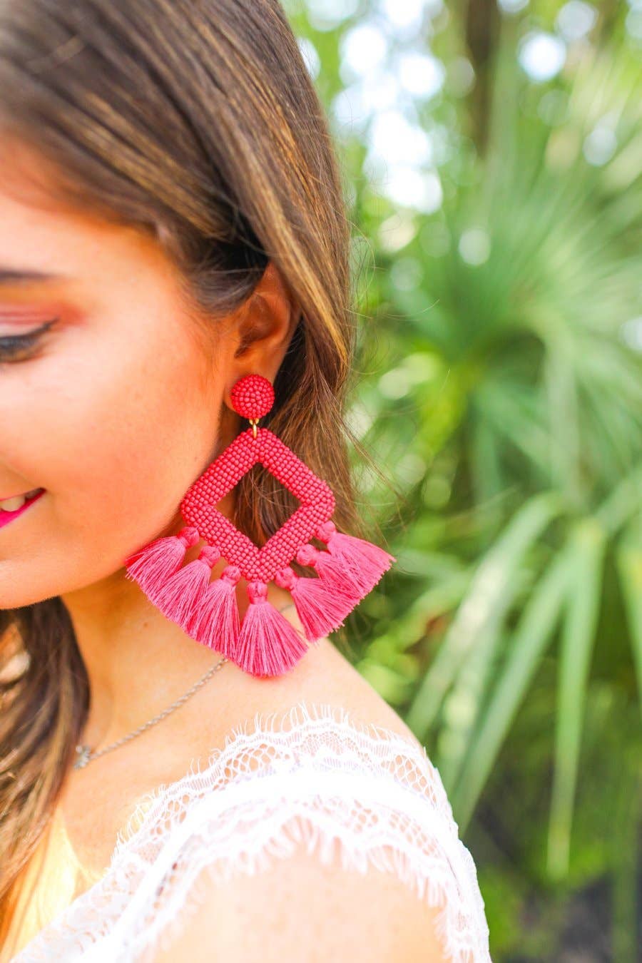 Pretty Little Patriot Pretty Little Patriot Hot Pink Ellie Fringe Drop Earrings — in-use photo